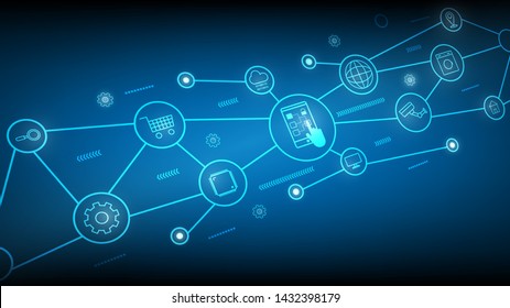 Internet der Dinge und Netzwerk-Konzept für verbundene Geräte. Spinnennetz von Netzverbindungen mit auf futuristisch blauem Hintergrund