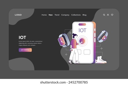 Internet of things night or dark mode web or landing page. User commands IoT technology through wearable devices, symbolizing seamless interaction in the modern digital era. Vector illustration