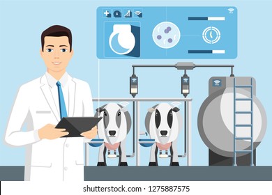 Internet of things on dairy farm. Herd management and automatic milking. Vector illustration