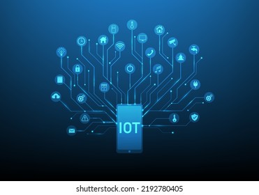 internet of things on mobile technology icon on blue dark background. smart home interface symbol on smartphone. internet network automation control system.vector illustration digital fantastic.