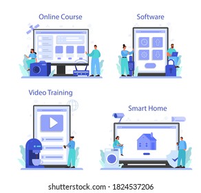 Internet of things online service or platform set. Idea of cloud, technology and home. Modern global technology. Online course, smart home, software, video training. Isolated flat vector illustration