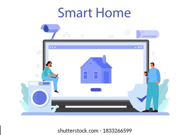 Internet de cosas servicio online o plataforma. Idea de nube, tecnología y hogar. Tecnología global moderna. Hogar inteligente. Ilustración vectorial plana aislada