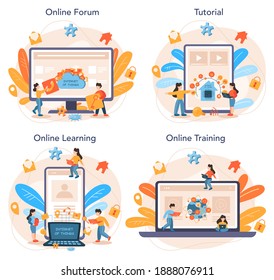 Internet de las cosas servicio online o conjunto de plataformas. Idea de nube, tecnología y hogar. Conexión entre dispositivos y equipos. Foro en línea, tutorial, aprendizaje, formación. Ilustración vectorial plana