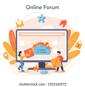Internet of things online service or platform. Idea of cloud, technology and home. Connection between devices and appliances. Online forum. Flat vector illustration