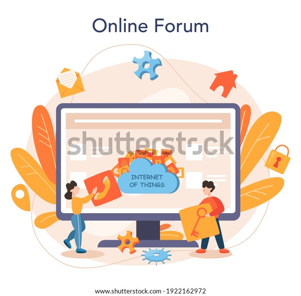 Internet of things online service or\
platform. Idea of cloud, technology and home. Connection between\
devices and appliances. Online forum. Flat vector\
illustration