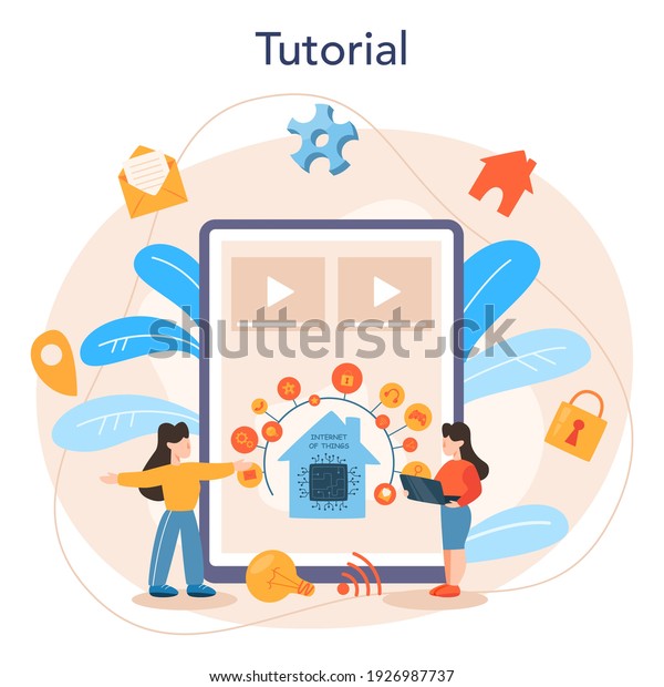 Internet of things online\
service or platform. Idea of cloud, technology and home. Connection\
between devices and appliances. Online tutorial. Flat vector\
illustration