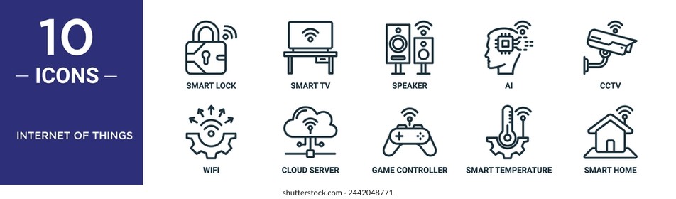 internet of things outline icon set includes thin line smart lock, smart tv, speaker, ai, cctv, wifi, cloud server icons for report, presentation, diagram, web design