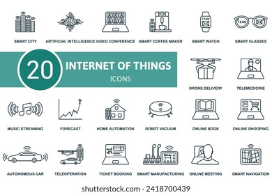 Internet of things outline icons set. Creative icons: smart city, artificial intelligence, video conference, smart coffee maker, smart watch and more