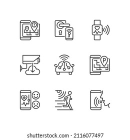 Internet of things pixel perfect linear icons set. Wireless technology. IoT appliance. Innovative tech. Customizable thin line symbols. Isolated vector outline illustrations. Editable stroke