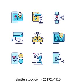 Internet of things pixel perfect RGB color icons set. Wireless technology. Remote access. IoT appliance. Isolated vector illustrations. Simple filled line drawings collection. Editable stroke