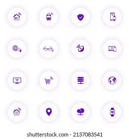 internet of things purple color vector icons on light round buttons with purple shadow. iot icon set for web, mobile apps, ui design and print