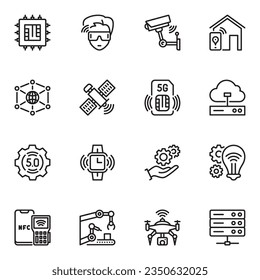 Internet of things related vector line icons set. IOT, big data, connectivity, connected, automation, computing, innovation, research, gadget, process, wireless, connect, global, network, security