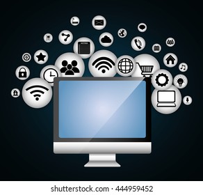 Internet of things represented by computer and icon set of multimedia apps. Blue and flat background