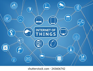 Internet of things represented by consumer and connected devices as vector illustration, objects are smart phone, smart thermostat, tablet, notebook, appliances, smart home, storage, servers and other