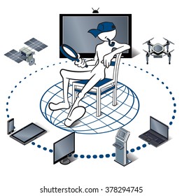 Internet of things represented by consumer and connected devices as isometric vector illustration, 
objects are smart phone, tablet, notebook,  drone, satellite.