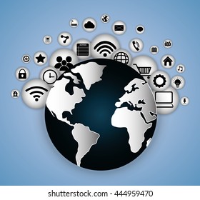 Internet of things represented by planet and icon set of multimedia apps. Blue and flat background