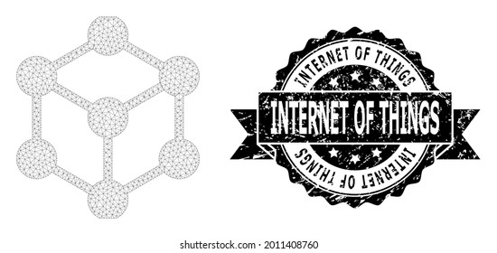 Internet de las cosas rayó imitación de focas y modelo de malla de nodos de cubo vectorial. El sello negro incluye la etiqueta de Internet de las cosas dentro de la cinta y la roseta. Resumen de nodos de cubo de malla plana,