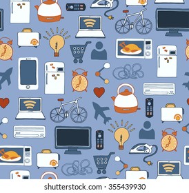 The Internet of Things seamless vector pattern with casual things and electronics.