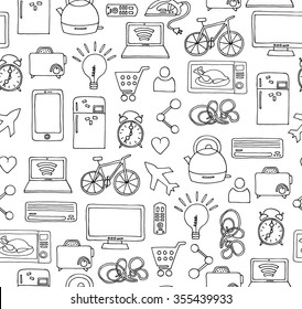 The Internet of Things seamless vector pattern with casual things and electronics on isolated background. 