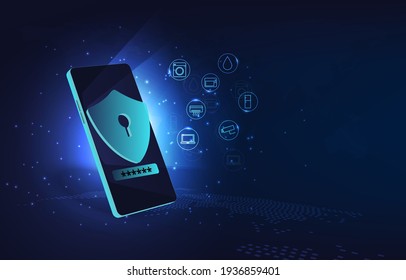 Internet of things and  security concept. System of control Appliances via wifi network. Smart phone connection and control with devices through home network.Home security.