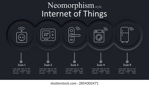 Internet of Things set icon. Smart outlet, thermostat, wireless access, connected appliance, intelligent refrigerator, home automation, remote control, energy management, residential connectivity