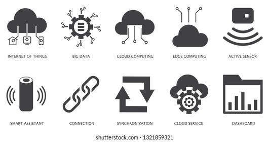 Internet of things simple concept icons set. Contains such icons as Dashboard, Cloud Computing, Smart assistant, synchronization and more, can be used for web, logo, UIUX - Vektör