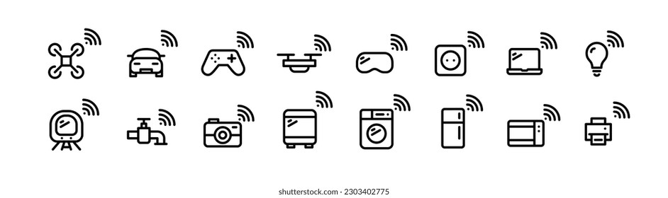 Internet of things. Simple icons of electronic devices. Home appliances, vehicles and computers. Pixel perfect, editable stroke line icons