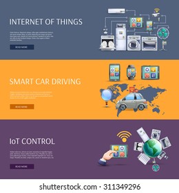 Internet of things smart car driving iot control interactive homepage flat banners set abstract isolated vector illustration