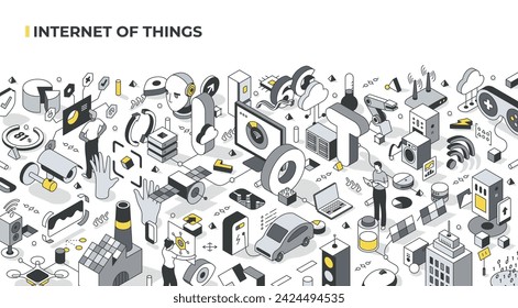 Internet de las cosas. Dispositivos inteligentes conectados a la Web de las Cosas y que se comunican sin problemas. Futuro de la conectividad a través de desarrollos en Internet. Ilustración isométrica