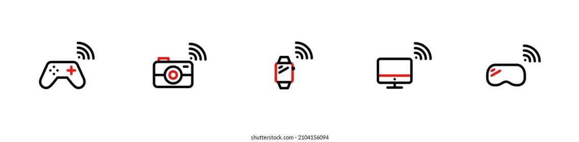 Internet of things. Smart devices with wireless connection. Game controller, camera, watch, computer and vr glasses. Pixel perfect, editable stroke