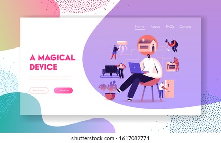 Internet of Things, Smart Home App Network Connection Website Landing Page. Man with Laptop Control Household Devices Using Wireless Iot Application Web Page Banner. Cartoon Flat Vector Illustration