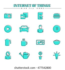 Internet of things and smart home, blue fill icons set