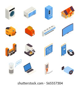 Internet of things smart home elements isometric icons collection with kitchen appliances and cell phone isolated vector illustration 