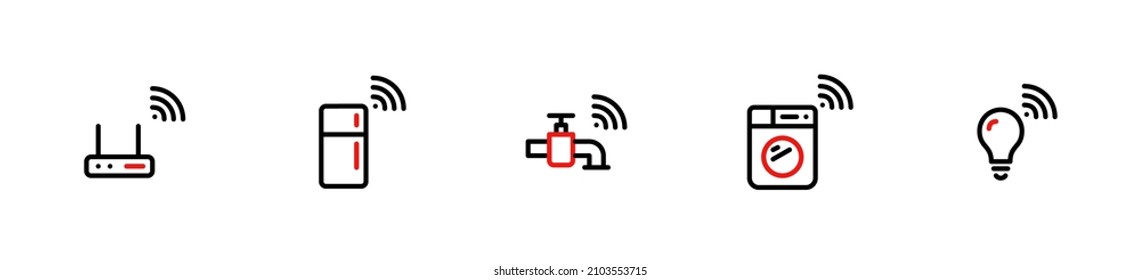 Internet of things. Smart house appliances icons. Wifi router, refrigerator, faucet, washing machine and light bulb. Pixel perfect, editable stroke