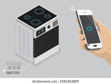 The Internet of things. The smart phone control the devices in the house. Smart stove will obey the commands from your smartphone. Concept. vector graphics