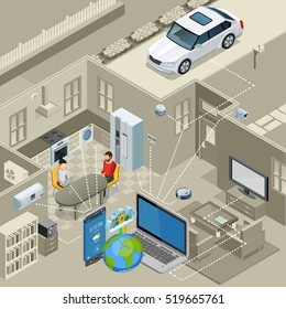 Internet Of Things Smart Urban Home Interior Concept Isometric Poster With Remote Controlled Appliances Abstract Vector Illustration