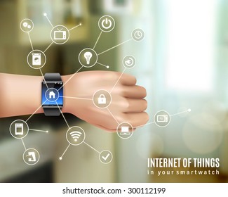 Internet of things in smart wrist multimedia watch gadget on hand realistic color concept vector illustration