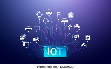 Internet of things. Smartphone network communications with things and objects, mobile device connectivity concept Vector.