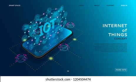 Internet of things technology concept. Smart app shows global Internet of Things on the screen. Vector illustration with wireless connections with icons of smart electronics.