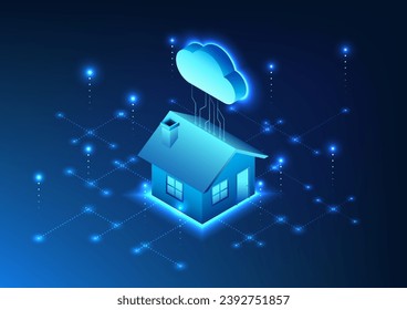 Internet of Things technology The house is connected to the cloud with technological circuits. Shows the connection of devices through the cloud system. Isometric image Vector illustration
