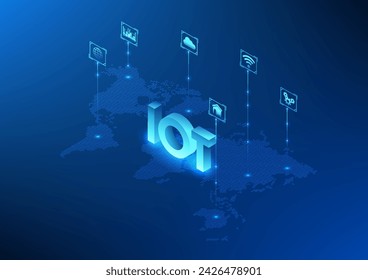 Internet of Things technology, IoT technology Above the world map connected high-tech icons, The IoT is widespread in the industry. Real-time access to devices around the world, Isometric