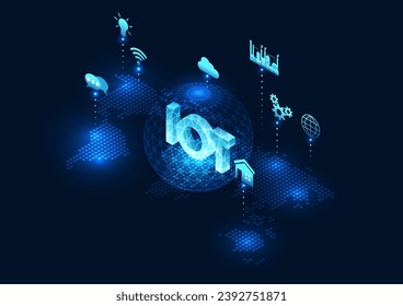 Internet of Things technology IoT is inside the circle placed on the world map. It means providing real-time access to equipment around the world. Isometric image Vector illustration