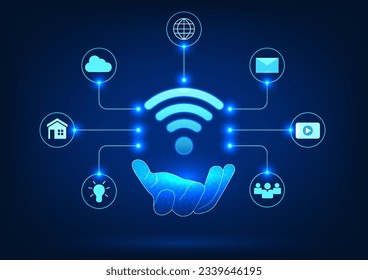 Internet of Things technology with Wi-Fi compatibility hand holding wifi connection with icon Refers to the technology of transmitting wireless signals to electronic devices to work as instructed.