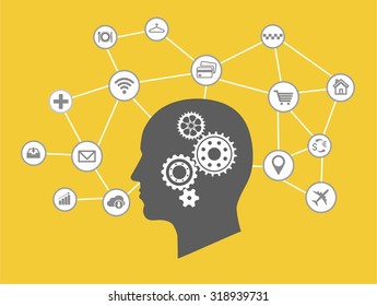 Internet of things and thinking head process concept. Network of connected mobile devices such as smart phone, tablet, thermostat or smart home. Illustration of network with hand holding tablet.