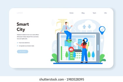 Internet of things typographic header. Idea of smart wireless electronics. Modern global technology. Smart city idea, connection between devices and city infrastructure. Flat vector illustration