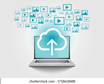 Internet Of Things, Upload Sign On Notebook's Screen Design Concept With Photo And Video Icons - Digital Network Connections, Technology Illustration Vector Background