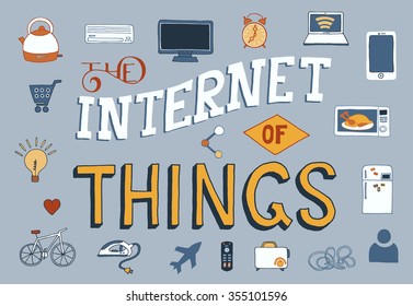 The Internet of Things vector illustration with casual things and electroncis in vintage hand drawn style. 