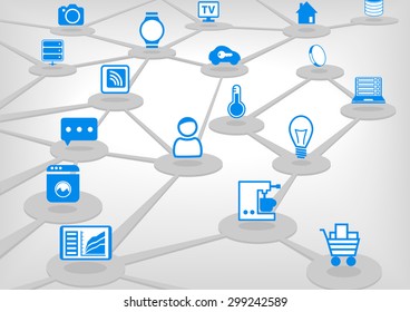 Internet Of Things,  Vector Illustration With Connected Devices. Light Blue And Grey IT Background. 