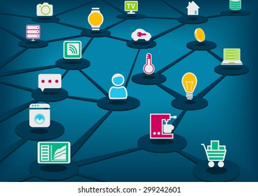 Internet of Things, vector illustration with connected devices. Dark blue technology background.