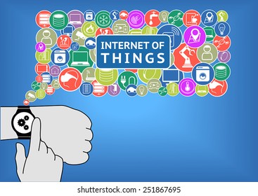 Internet of things vector illustration with flat design. Finger is touching a smart watch on wrist in order to control devices like smart thermostats, sensors, appliances, smart home and other gadgets